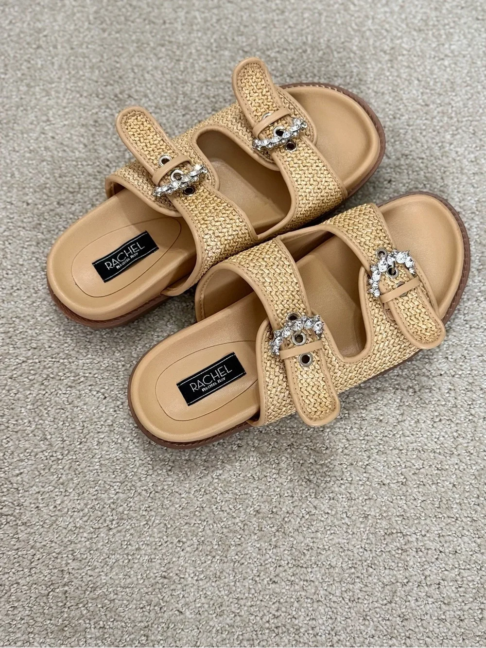 Rachel Roy Tan Woven Slide Sandals with Crystal Buckles